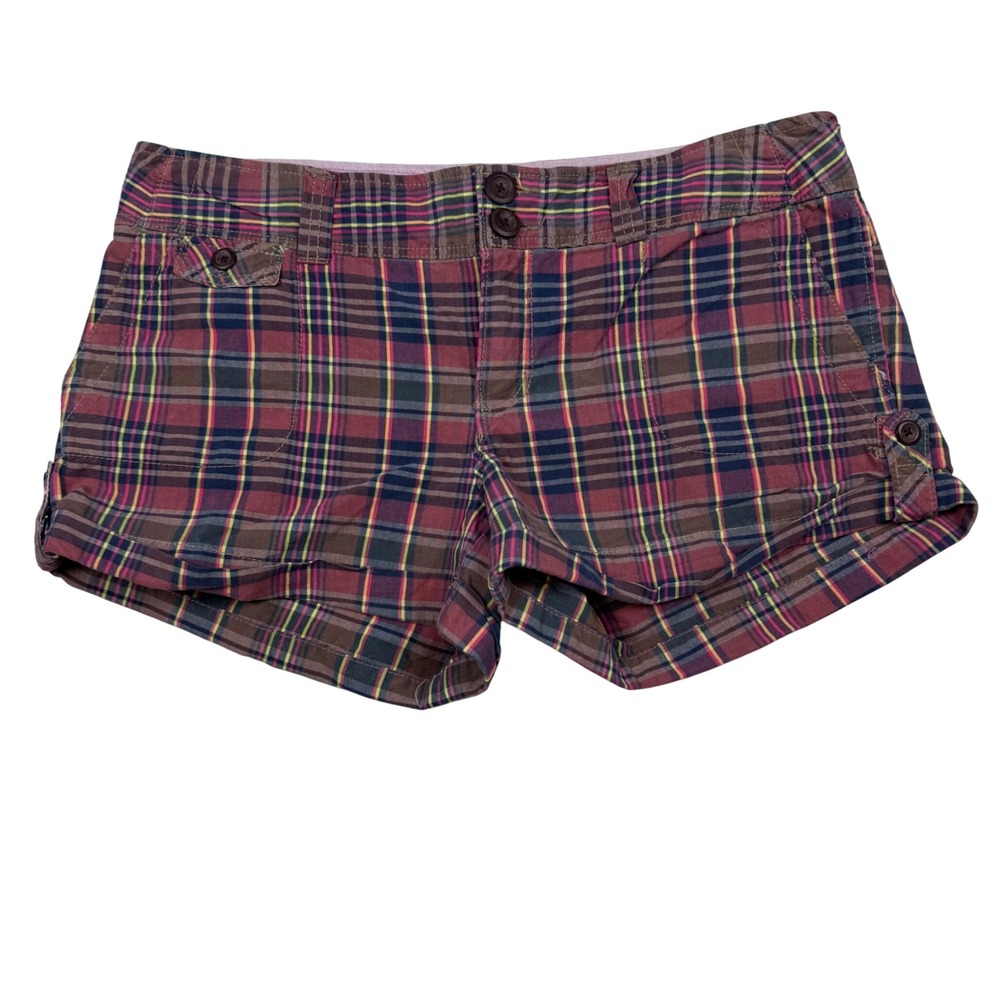 VTG Y2K American Eagle Plaid Shorts Sz 12 Burgundy Navy Cuffed Low/Mid  Rise